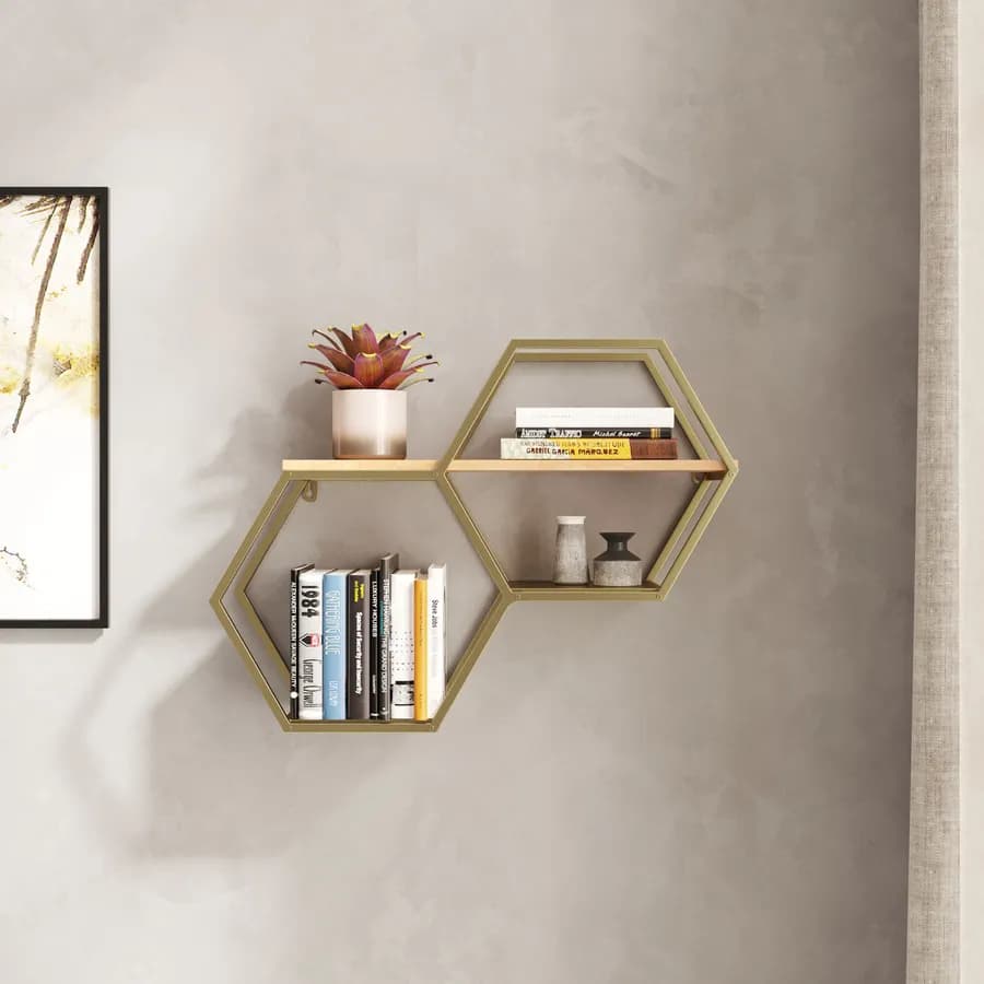 Libreria sospesa 54x42h cm in metallo oro e rovere chiaro - Tiska