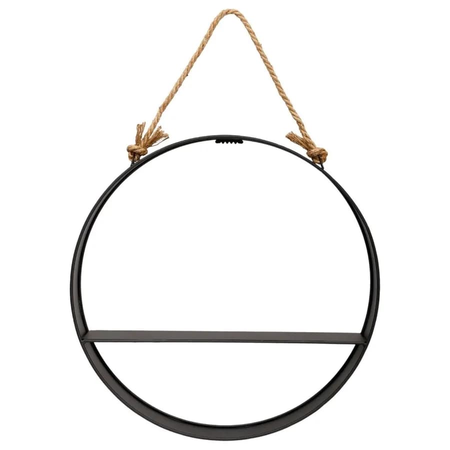 Libreria sospesa rotonda 55 cm in metallo nero gancio in corda naturale