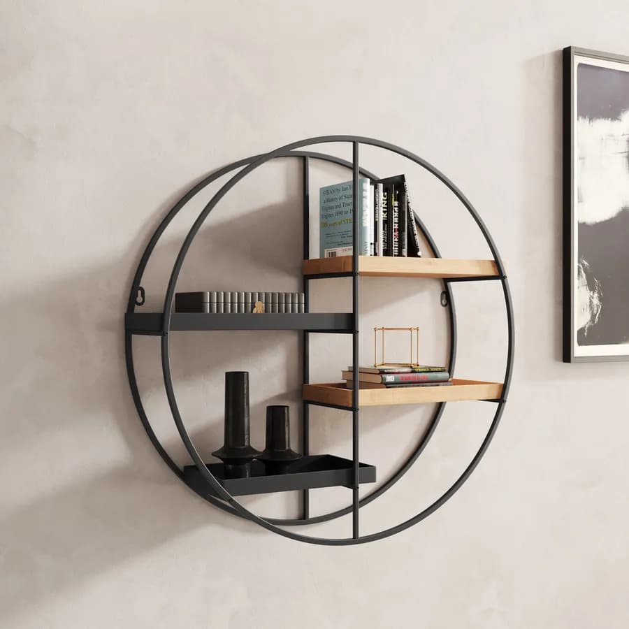 Libreria sospesa rotonda 60 cm in metallo nero e rovere chiaro - Megor