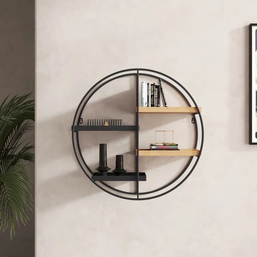 Libreria sospesa rotonda 60 cm in metallo nero e rovere chiaro - Megor
