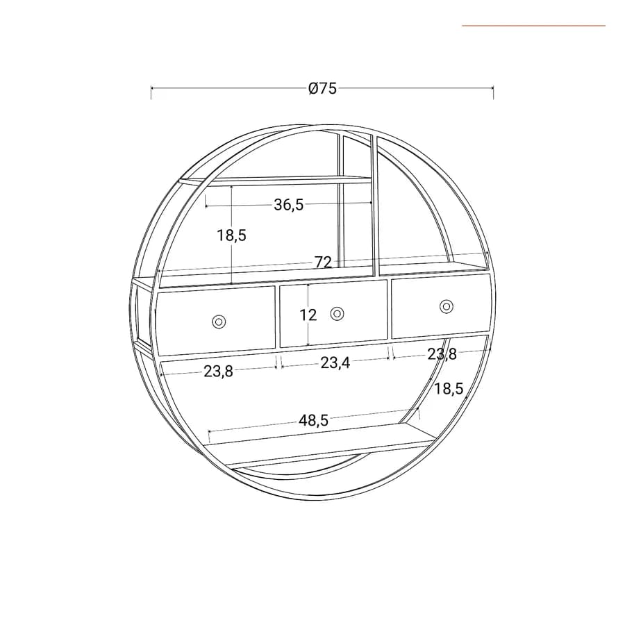 Libreria sospesa rotonda 75 cm in metallo nero e rovere chiaro con 3 cassetti - Drinci