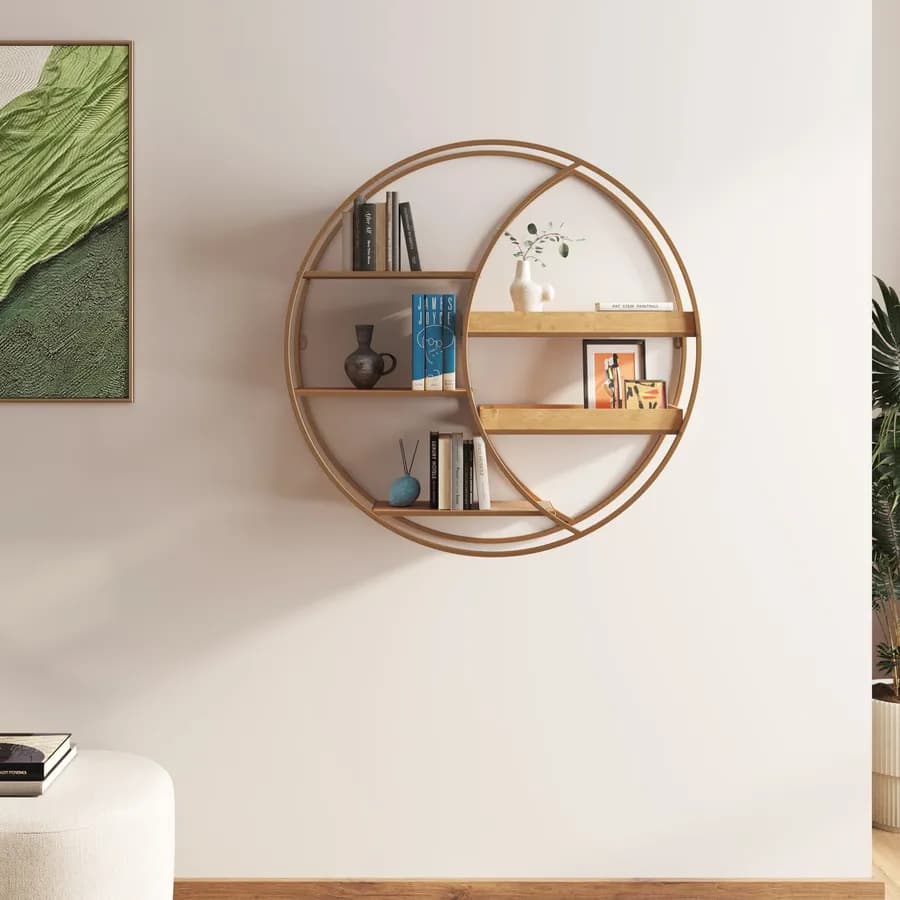 Libreria sospesa rotonda 80 cm in metallo rame e rovere chiaro - Yamar