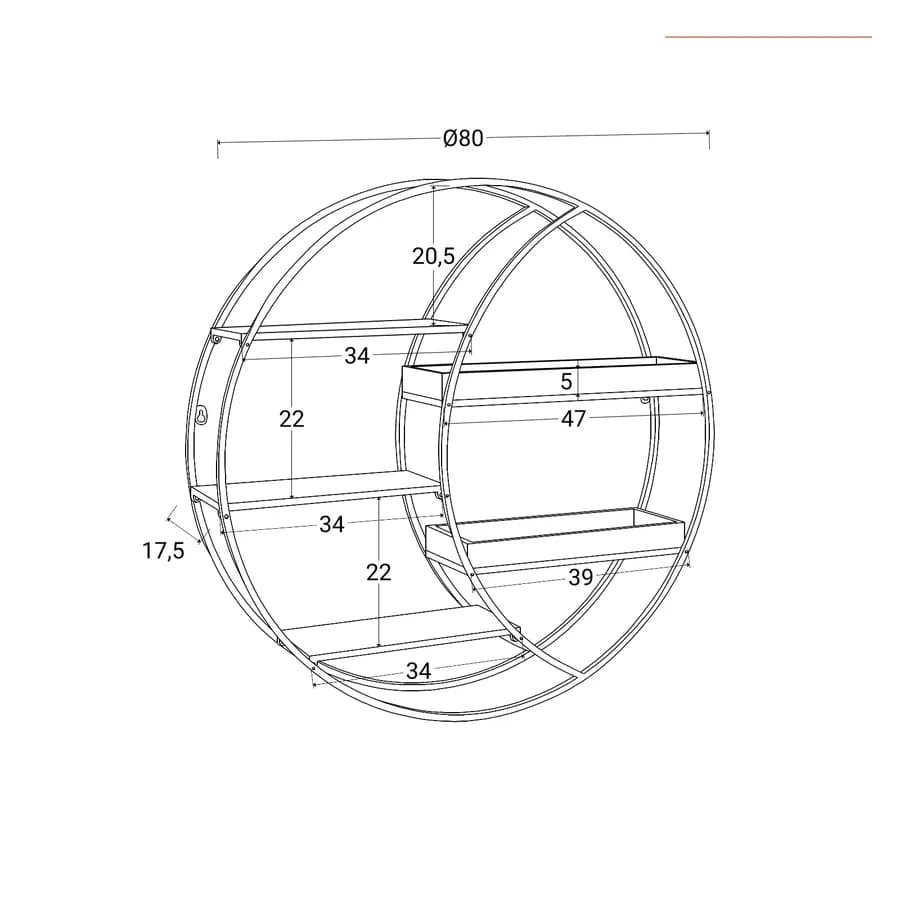 Libreria sospesa rotonda 80 cm in metallo rame e rovere chiaro - Yamar