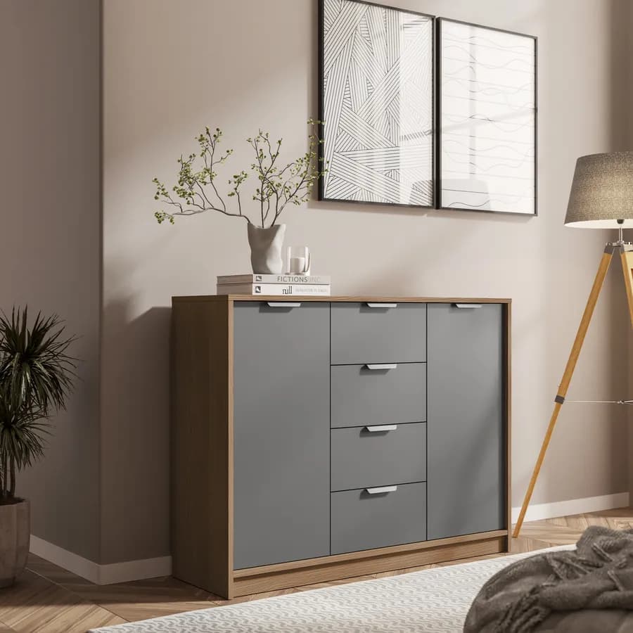 Madia 115x88h cm in legno antracite e rovere con 4 cassetti - Aubin