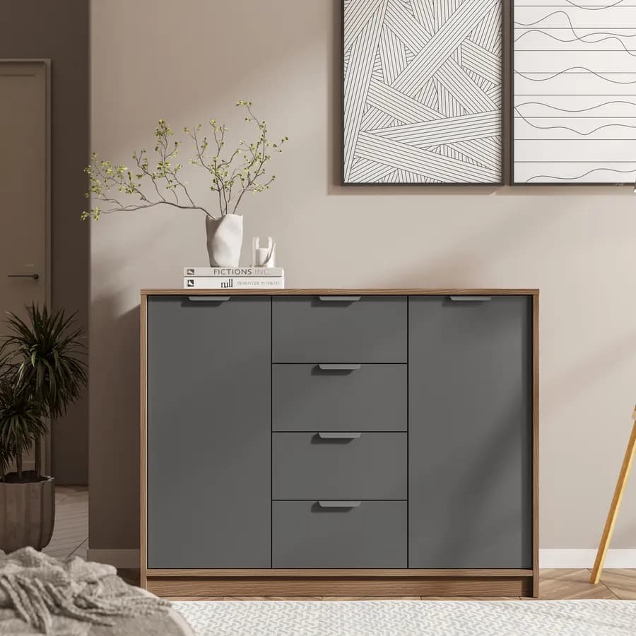 Madia 115x88h cm in legno antracite e rovere con 4 cassetti - Aubin