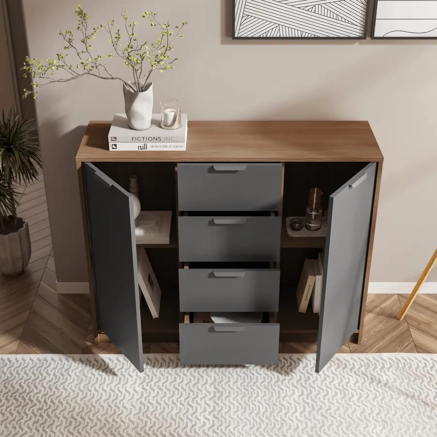 Madia 115x88h cm in legno antracite e rovere con 4 cassetti - Aubin