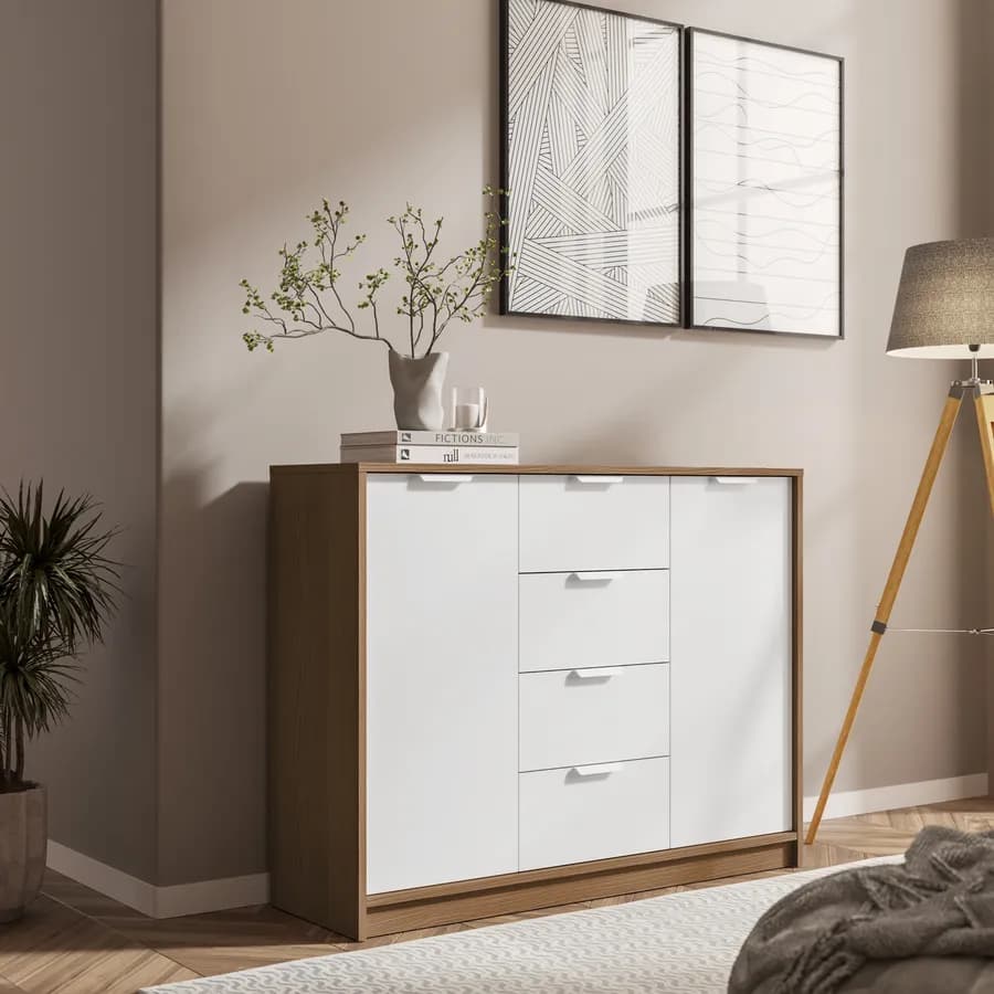 Madia 115x88h cm in legno bianco e rovere con 4 cassetti - Aubin