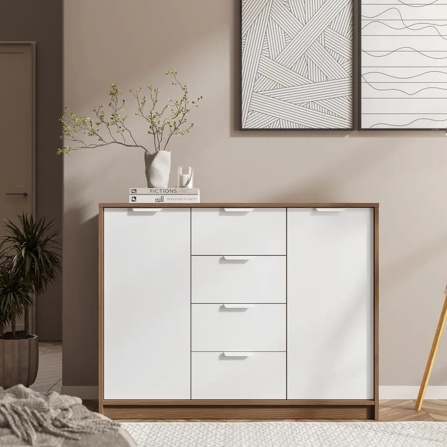 Madia 115x88h cm in legno bianco e rovere con 4 cassetti - Aubin