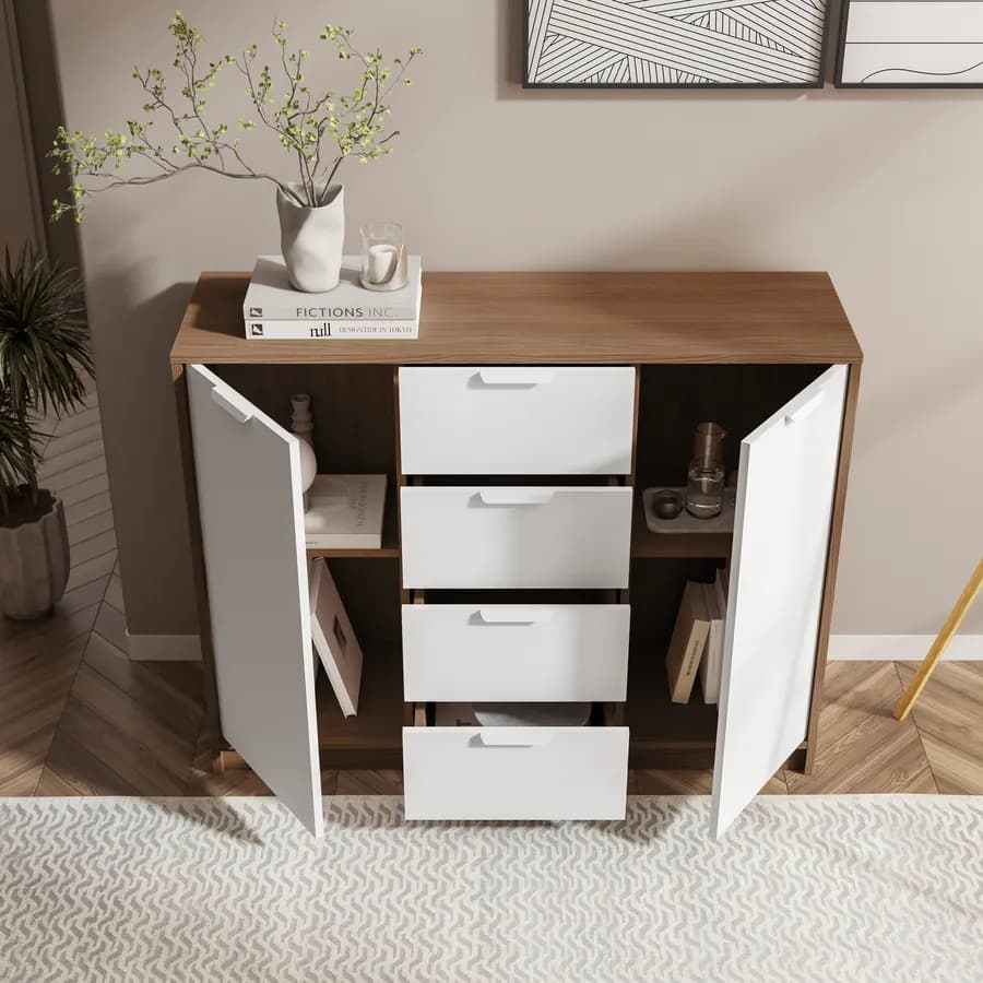 Madia 115x88h cm in legno bianco e rovere con 4 cassetti - Aubin