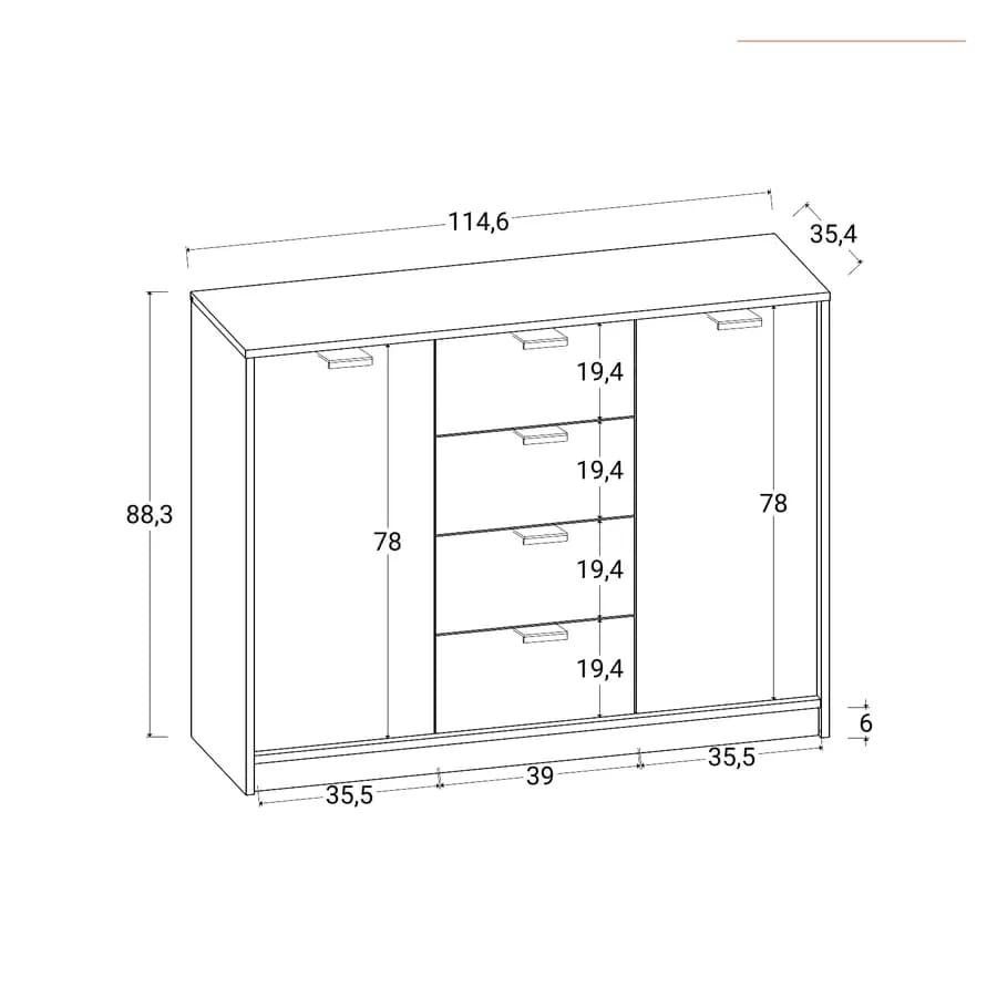 Madia 115x88h cm in legno bianco e rovere con 4 cassetti - Aubin