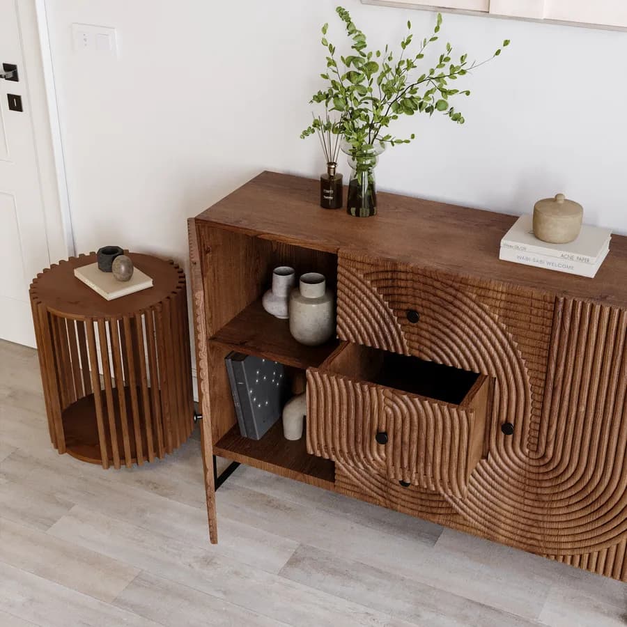 Madia 120x85h cm con 2 ante e 3 cassetti in legno di mango cannettato - Alisha