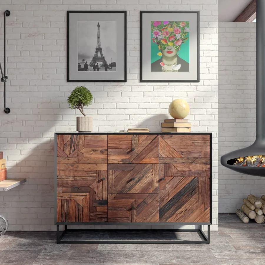 Madia 120x85h cm in legno naturale effetto invecchiato e metallo nero - Desindos