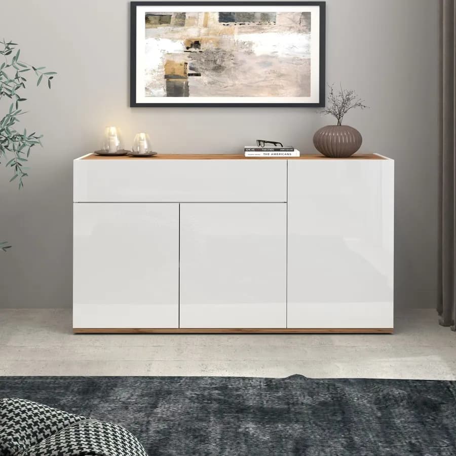 Madia 120x70h cm bianco lucido top rovere wotan con 3 ante 1 cassetto - Loira
