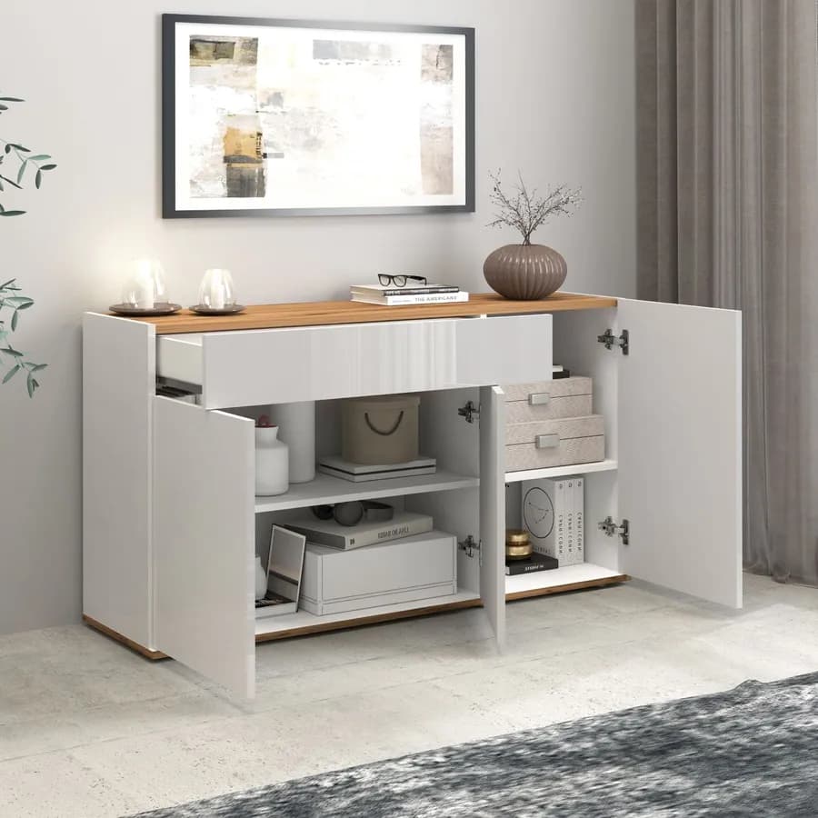 Madia 120x70h cm bianco lucido top rovere wotan con 3 ante 1 cassetto - Loira