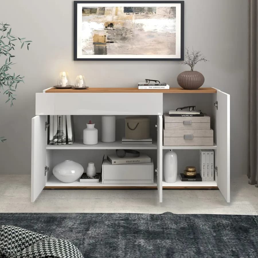 Madia 120x70h cm bianco lucido top rovere wotan con 3 ante 1 cassetto - Loira