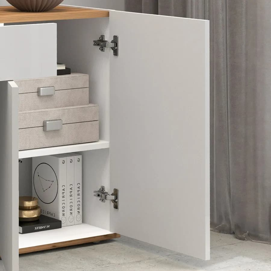Madia 120x70h cm bianco lucido top rovere wotan con 3 ante 1 cassetto - Loira