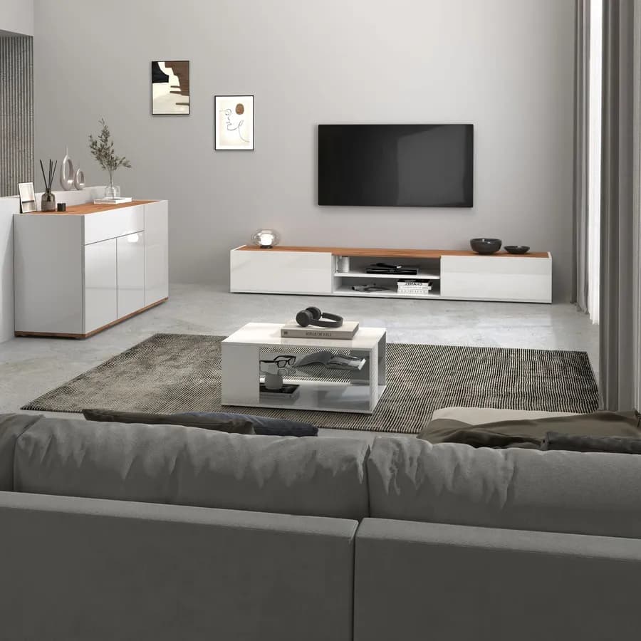 Madia 120x70h cm bianco lucido top rovere wotan con 3 ante 1 cassetto - Loira