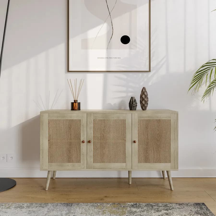 Madia 120x71h cm in legno naturale con 3 ante in rattan - Boheme