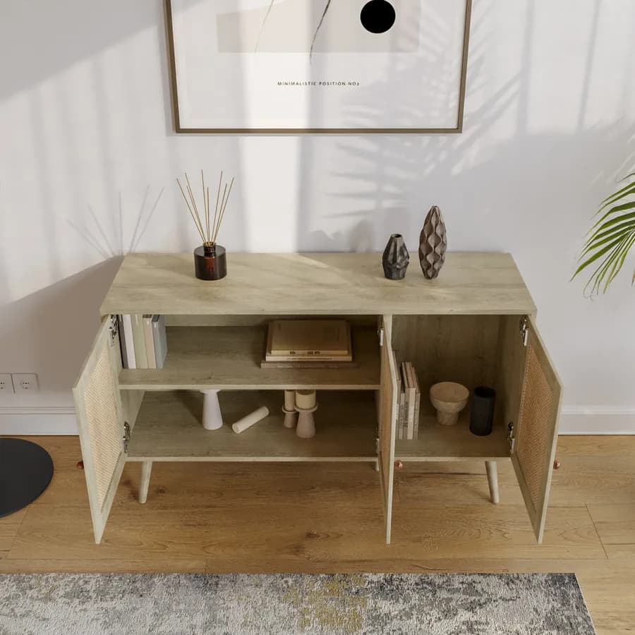 Madia 120x71h cm in legno naturale con 3 ante in rattan - Boheme