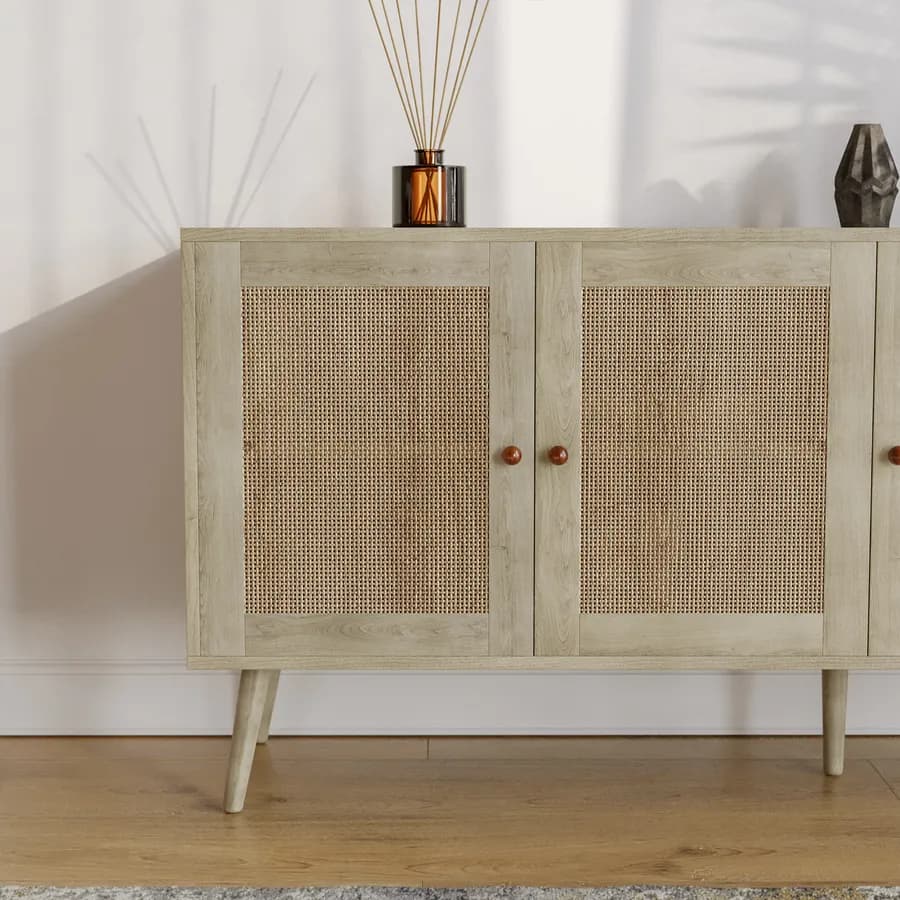 Madia 120x71h cm in legno naturale con 3 ante in rattan - Boheme
