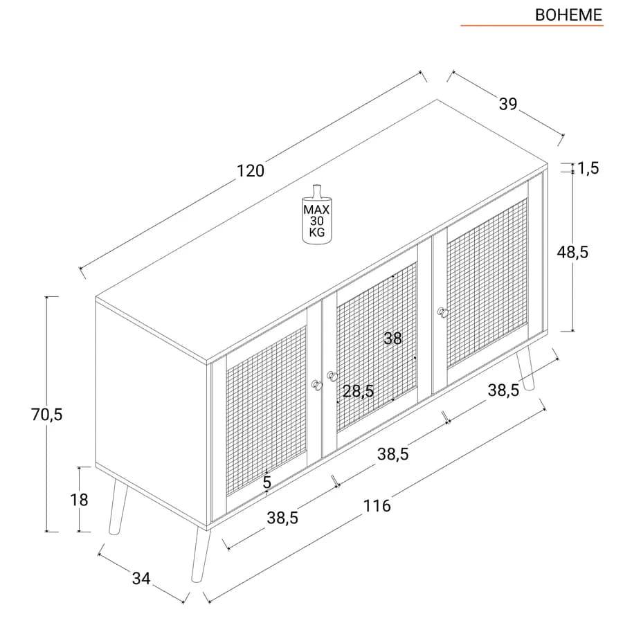Madia 120x71h cm in legno naturale con 3 ante in rattan - Boheme