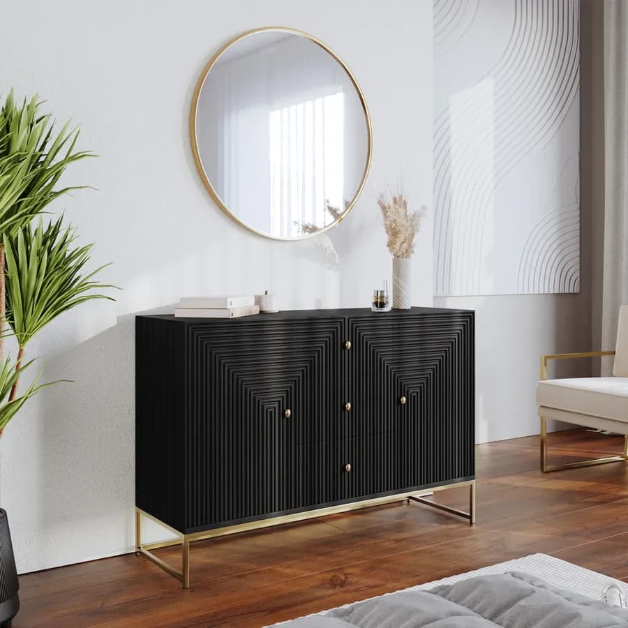 Madia 120x80 cm in legno di mango nero cannettato e metallo oro - Dunkel