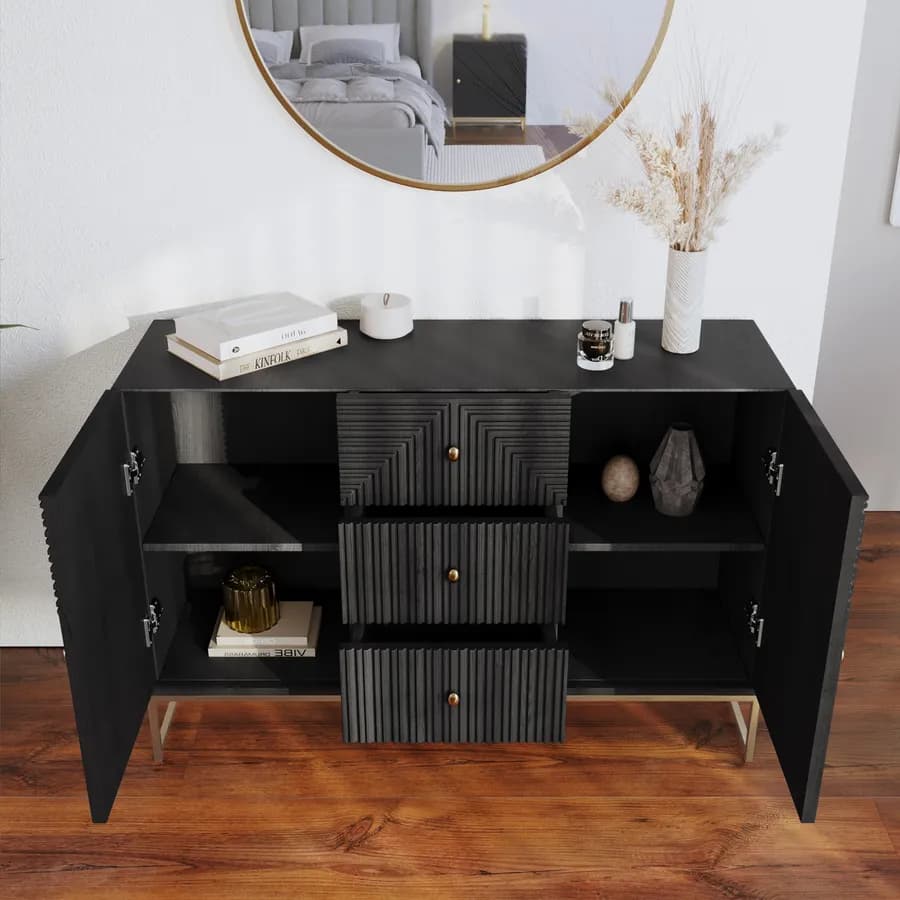 Madia 120x80 cm in legno di mango nero cannettato e metallo oro - Dunkel
