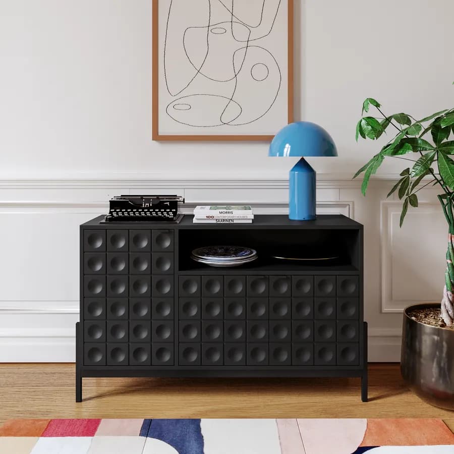 Madia 128x78h cm nero con piedi in metallo e 3 ante decorate soft close - Miara