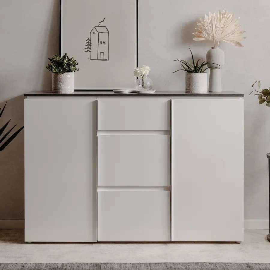 Madia 133x92h cm top grigio scuro con 2 ante e 3 cassetti in legno bianco - Normandy