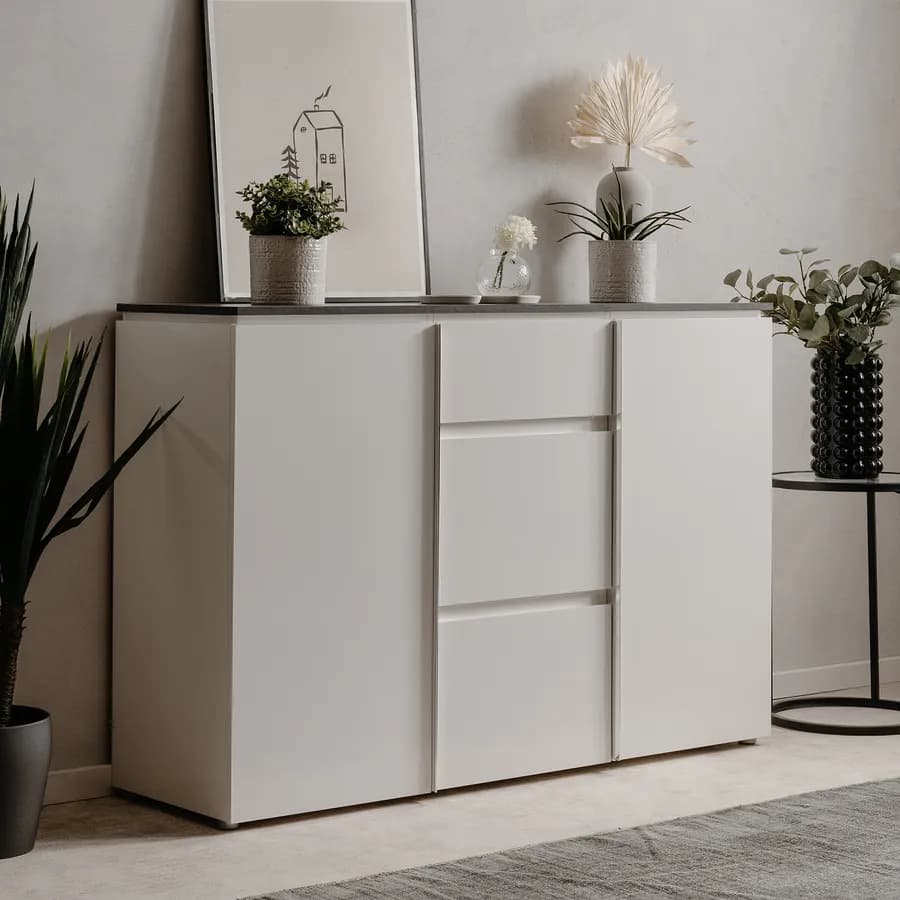 Madia 133x92h cm top grigio scuro con 2 ante e 3 cassetti in legno bianco - Normandy