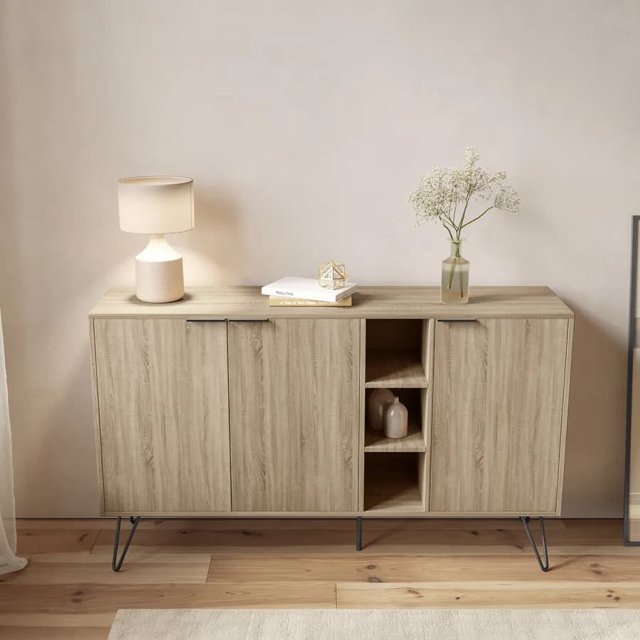 Madia 142x83h cm in legno rovere con 3 ante e vani a giorno - Demat