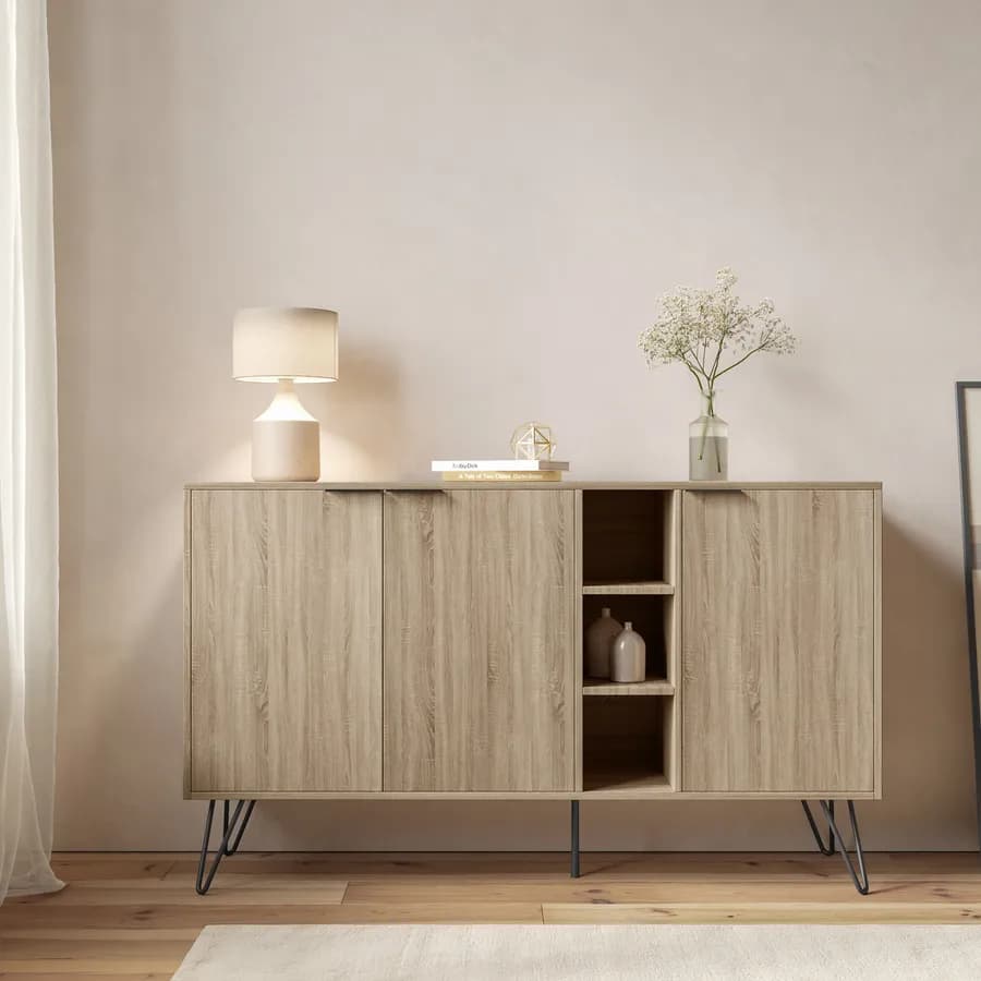 Madia 142x83h cm in legno rovere con 3 ante e vani a giorno - Demat