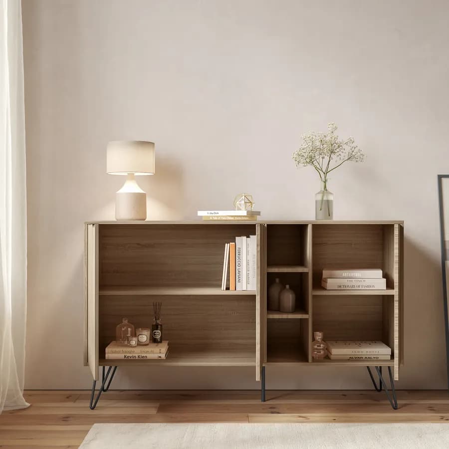 Madia 142x83h cm in legno rovere con 3 ante e vani a giorno - Demat