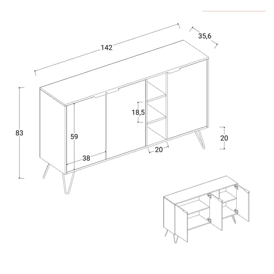 Madia 142x83h cm in legno rovere con 3 ante e vani a giorno - Demat