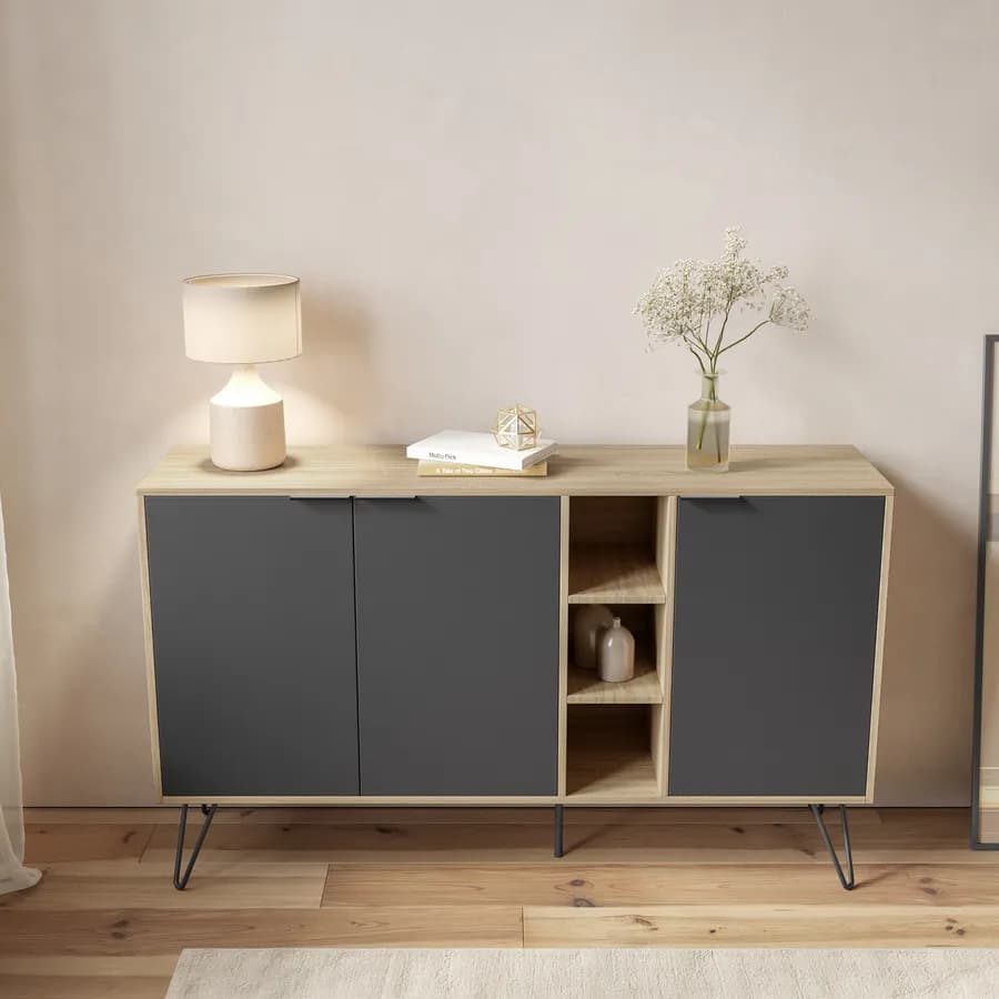 Madia 142x83h cm in legno rovere e antracite con 3 ante e vani a giorno - Demat