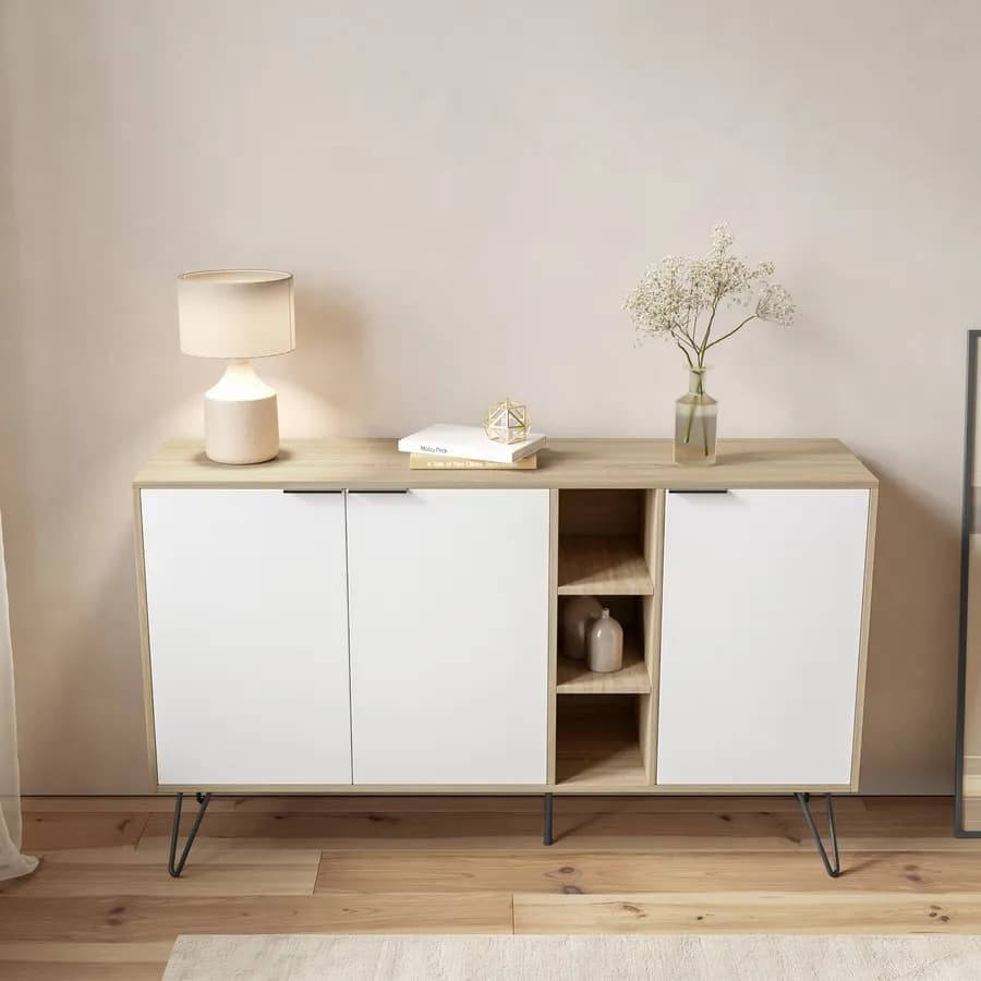 Madia 142x83h cm in legno rovere e bianco con 3 ante e vani a giorno - Demat