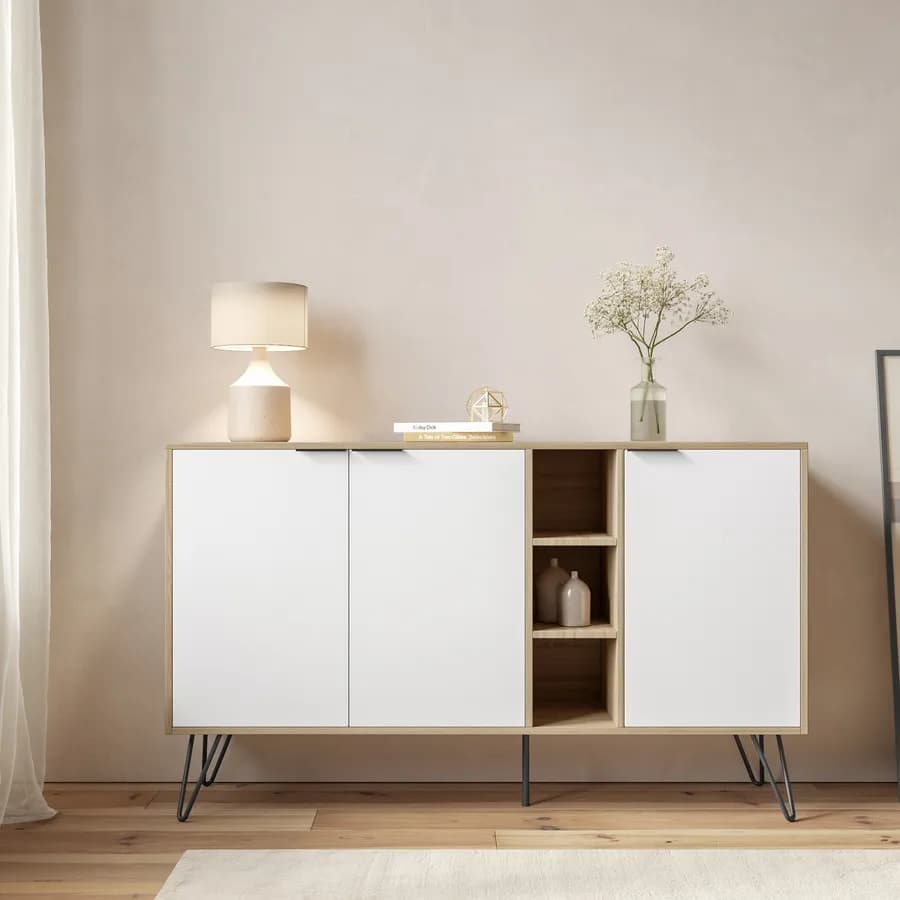 Madia 142x83h cm in legno rovere e bianco con 3 ante e vani a giorno - Demat