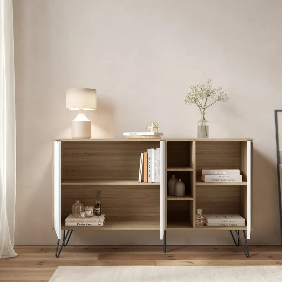 Madia 142x83h cm in legno rovere e bianco con 3 ante e vani a giorno - Demat