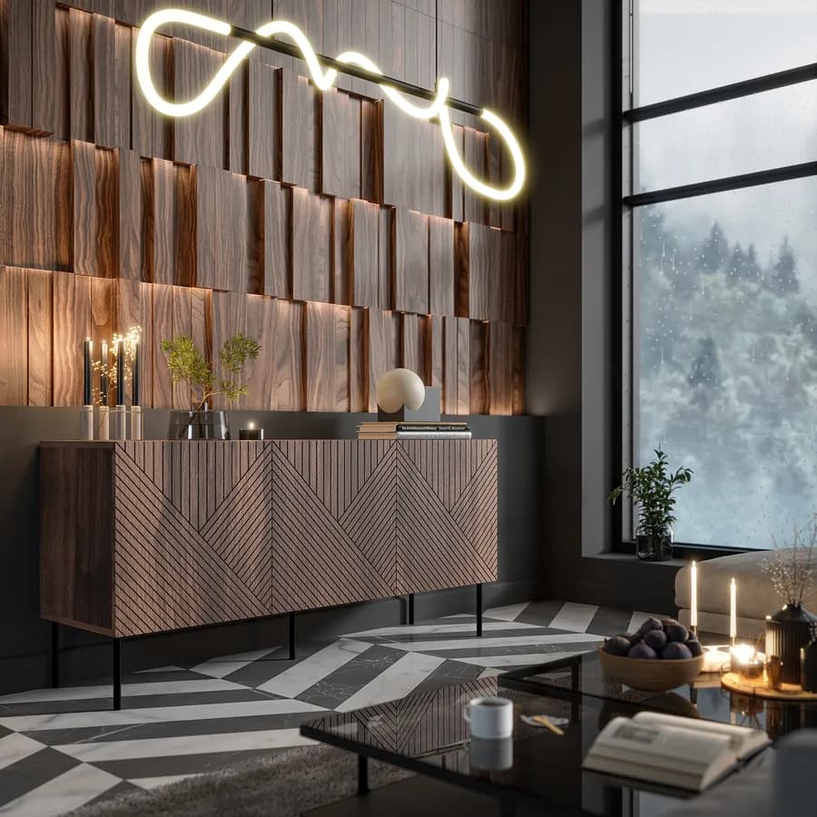 Madia 150x70h cm in legno noce con disegni geometrici e gambe nere - Olsen