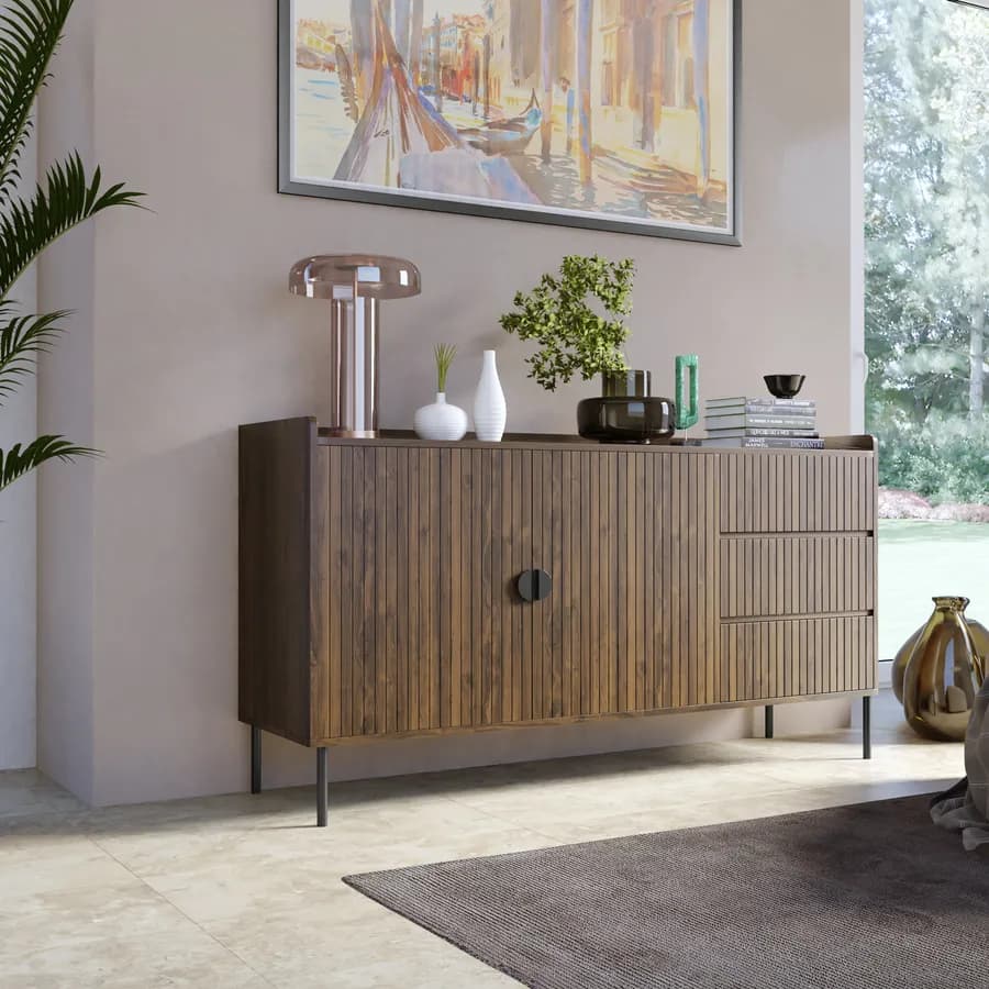 Madia 150x80h cm con 2 ante e 3 cassetti soft close noce cannettato e gambe in metallo nero - Ozma