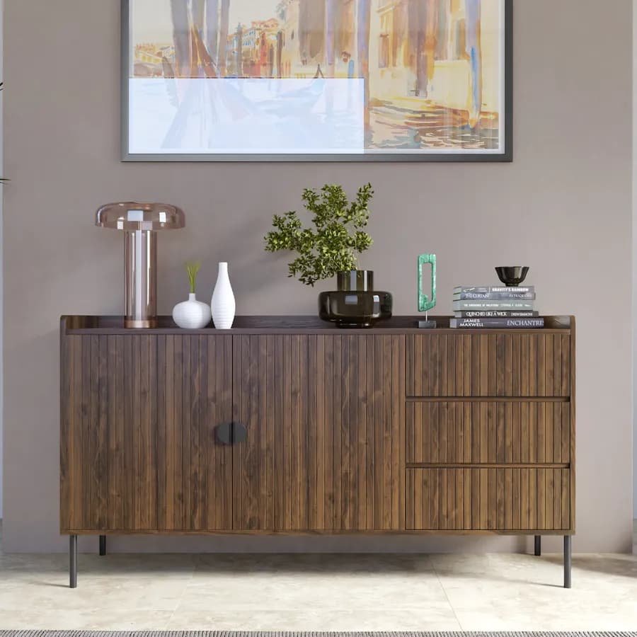 Madia 150x80h cm con 2 ante e 3 cassetti soft close noce cannettato e gambe in metallo nero - Ozma