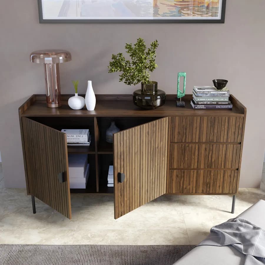 Madia 150x80h cm con 2 ante e 3 cassetti soft close noce cannettato e gambe in metallo nero - Ozma
