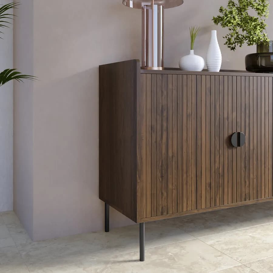 Madia 150x80h cm con 2 ante e 3 cassetti soft close noce cannettato e gambe in metallo nero - Ozma