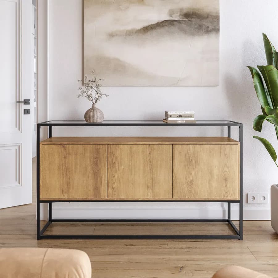 Madia 150x85h cm top in vetro con struttura in legno e metallo - Split