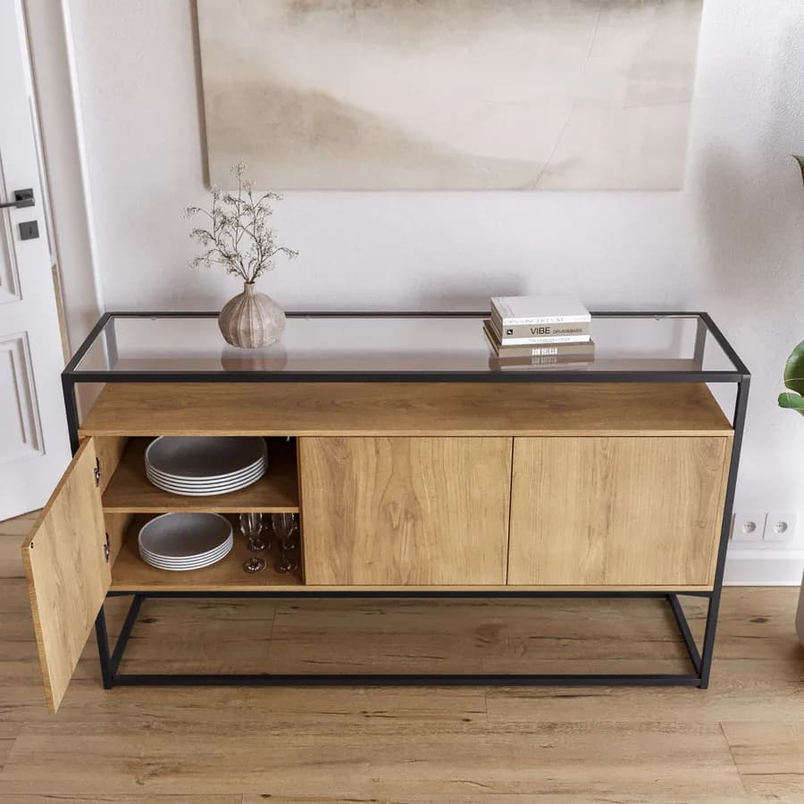 Madia 150x85h cm top in vetro con struttura in legno e metallo - Split