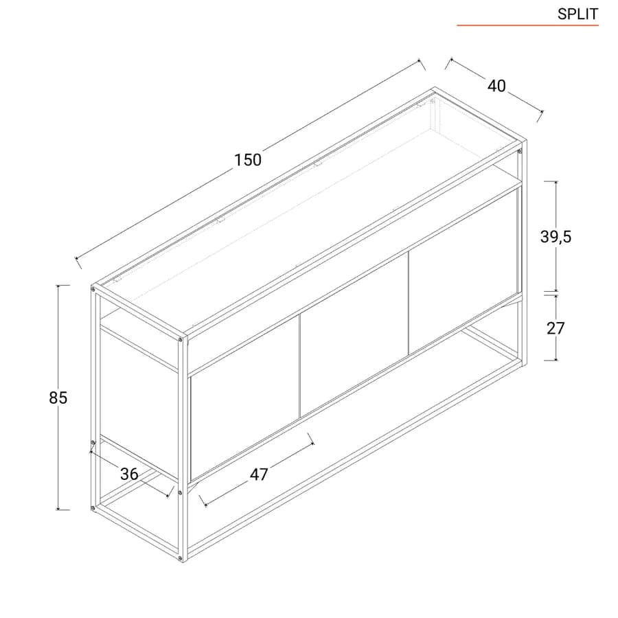 Madia 150x85h cm top in vetro con struttura in legno e metallo - Split
