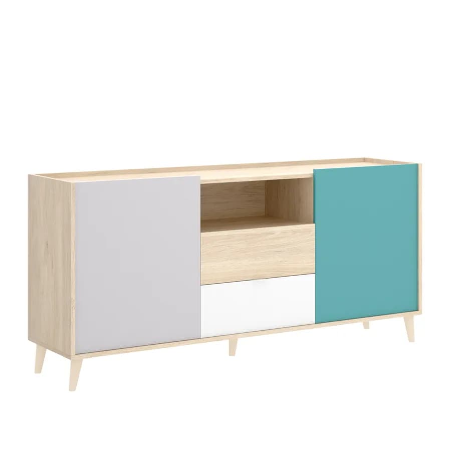 Madia 155 cm con due ante e due cassetti in legno grigio bianco e verde - Koria