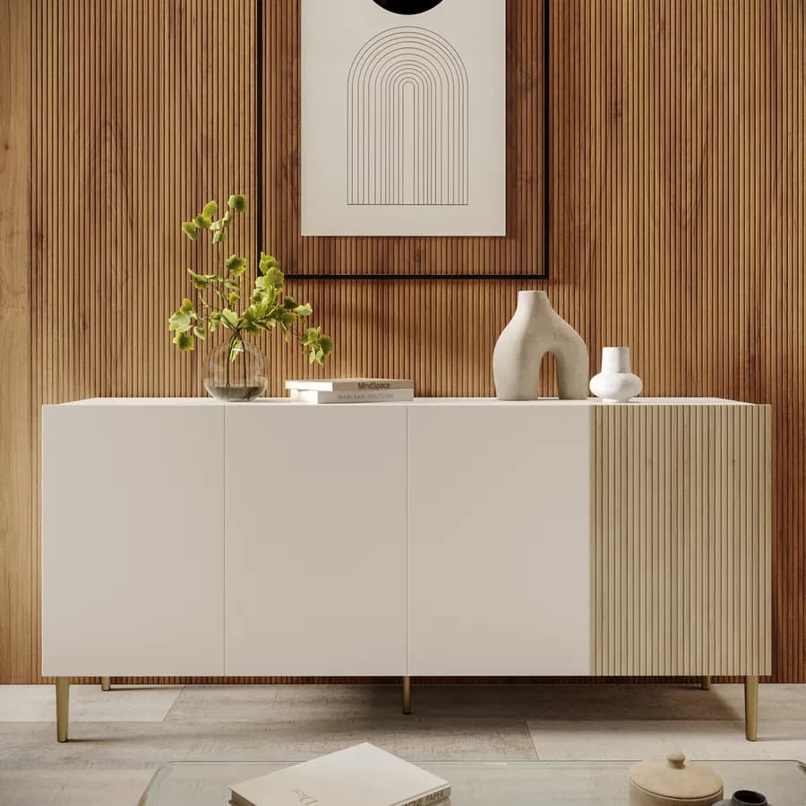 Madia 160x75h cm cashmere e rovere albini cannettato con 4 ante e gambe oro opaco - Zelma