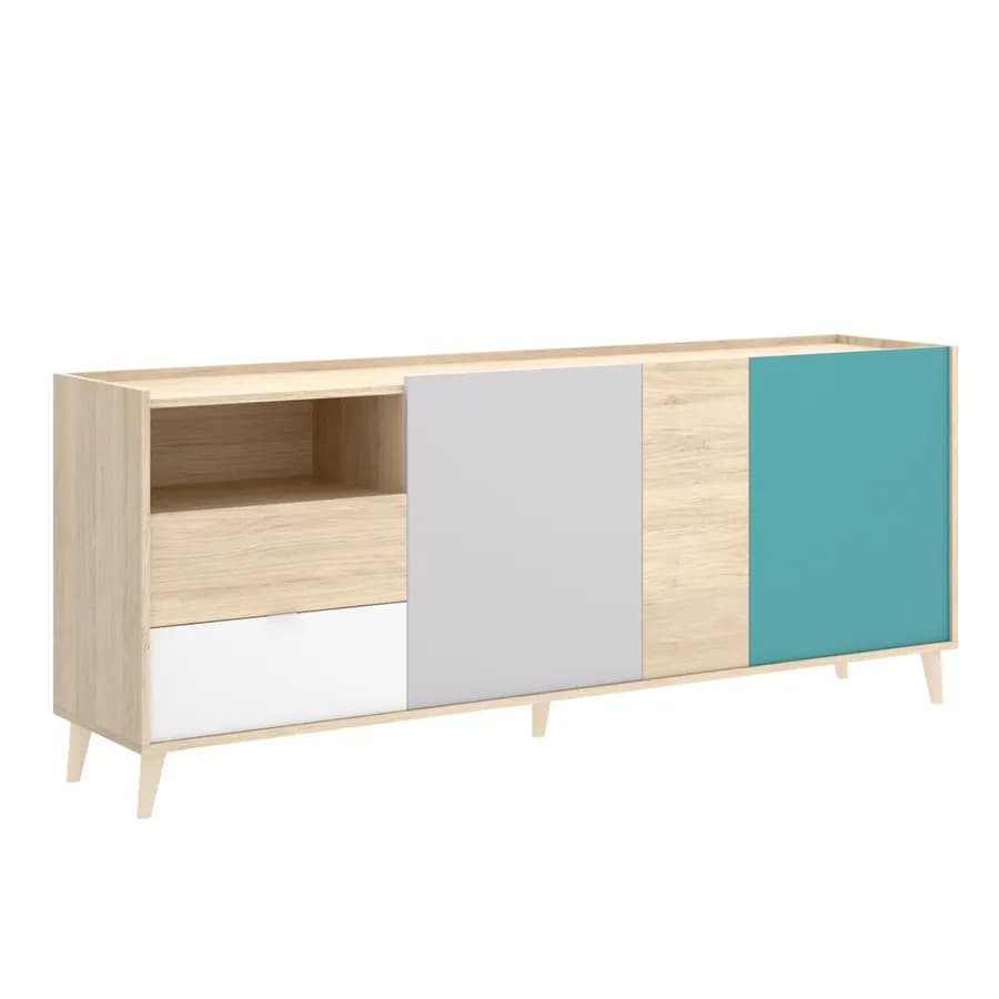 Madia 180 cm con tre ante e due cassetti in legno grigio bianco verde - Koria