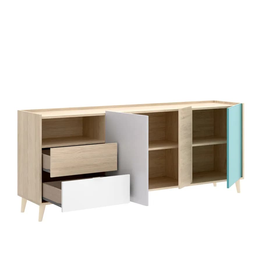 Madia 180 cm con tre ante e due cassetti in legno grigio bianco verde - Koria